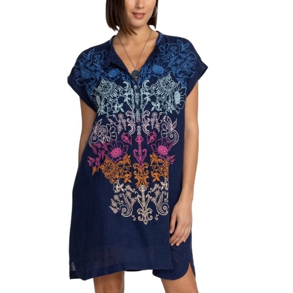 BIYA‎ JOHNNY WAS ELLIA MISHTI Embroidered Tunic Dress Medium 100% LINEN Floral - Picture 14 of 15